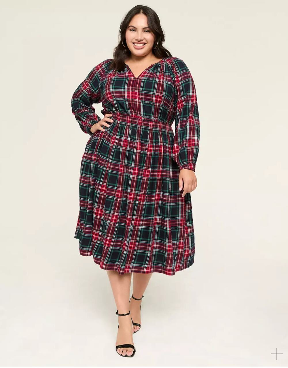 Lane Bryant Dress Womens 20 Red Green Plaid Lurex Smocked Midi Shimmer Flannel